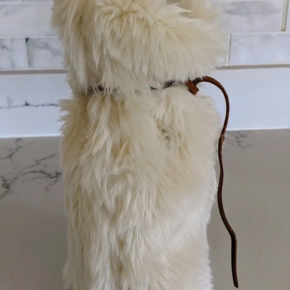 RESTORATION HARDWARE Creme Faux Fur Wine Bag Leather Ties